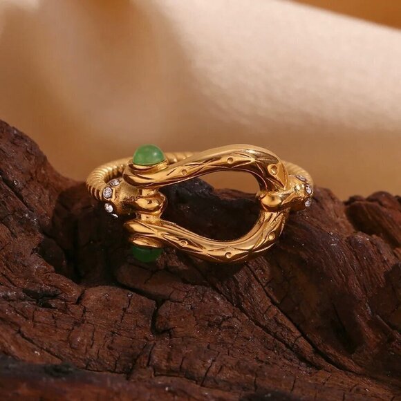 NWT Buckle Ring Sz.8 18K Gold Plated Green Zircon CZ Detail Boho Western - Picture 7 of 10